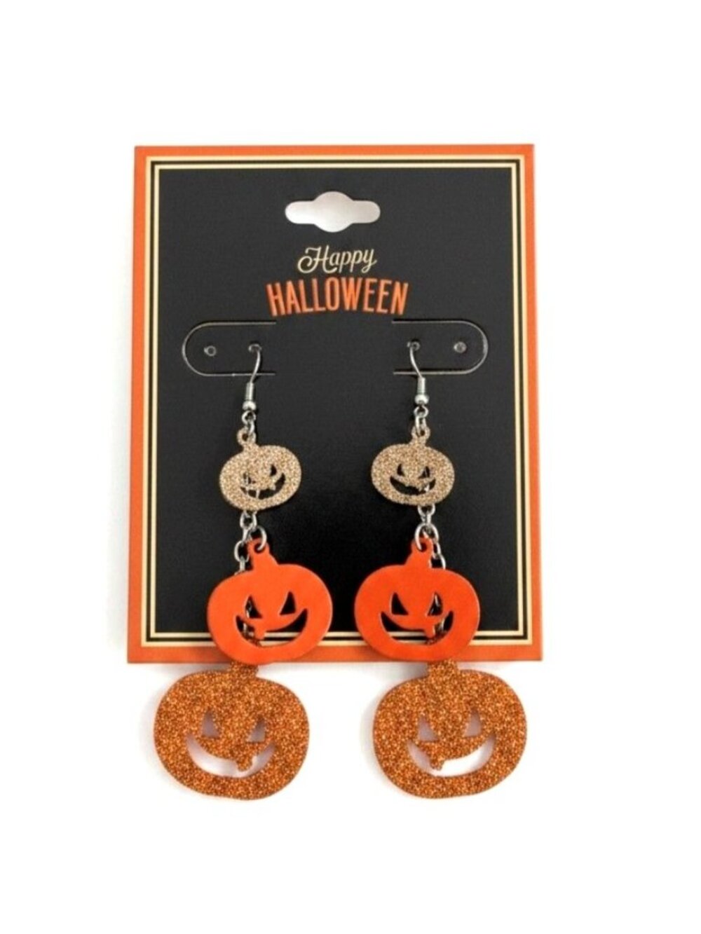 NWT Glitter Pumpkin Jack O Lantern Halloween Dangle Earrings Orange Black Fun
